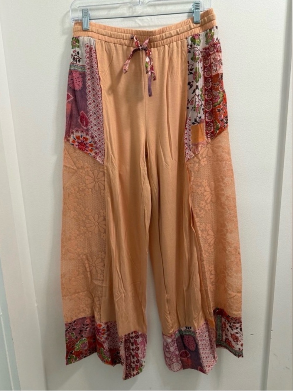 #1311 POL Orange/Peach Patchwork Wide-Leg Pants with Floral Accents